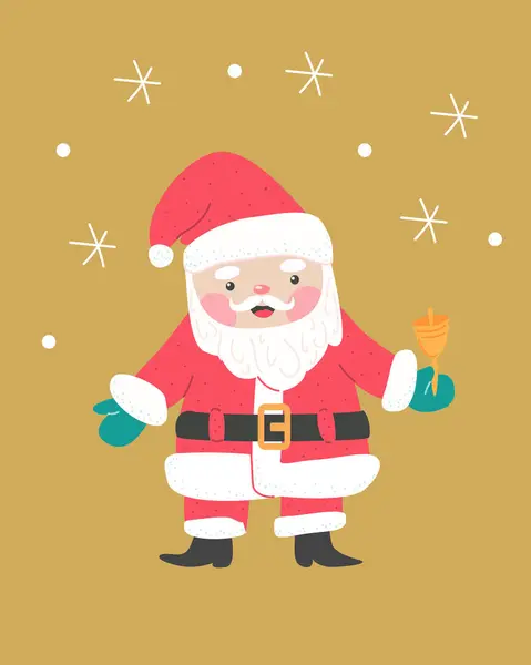 Bonito Claus Personagem Natal Com Sino Cartão Saudação Ilustração Vetorial — Vetor de Stock
