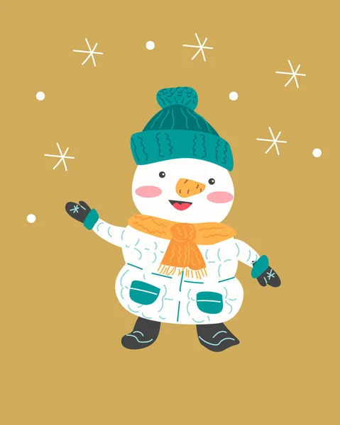 Cute Snowman Golden Background Usable Greeting Card Postcard Invitation Vector — Stock Vector