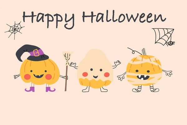 Personnages Dessins Animés Halloween Dans Les Costumes Vacances Sorcière Momie — Image vectorielle