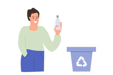 Erkekler plastik şişeyi atar. Beyaz arkaplanda vektör illüstrasyonu. Çevre koruma kavramı - çöp ayıklama ve sürdürülebilirlik kavramı. 