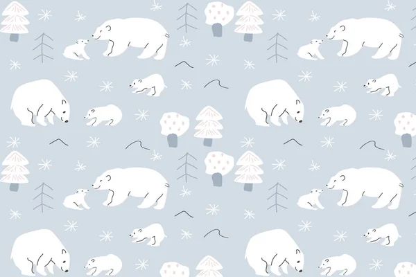 无缝隙图案 白熊妈妈和宝宝 冬季林地的病媒图解 可用于墙纸 包装纸和织物纺织品 — 图库矢量图片