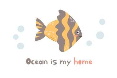 Bebek kartında harfler ve okyanusta sarı balıklar var. Vektör illüstrasyonu izole edildi. Etiketler ve pankartlar için kullanılabilir. 