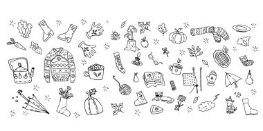 Karalama özeti nesnelerinin vektör seti, sonbahar örtüsü çizimleri. Beyaz arkaplanda vektör illüstrasyonu. Sıcak giysiler ve çay, sonbahar şeyleri - karalama tarzında sonbahar arkaplanı.