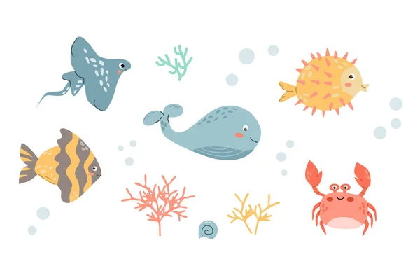 Denizdeki sevimli su altı hayvanları. Çizgi film vektör çizimi. Mercanlı bebek balıklar ve yengeç. Tropik balıklar - illüstrasyon seti. 