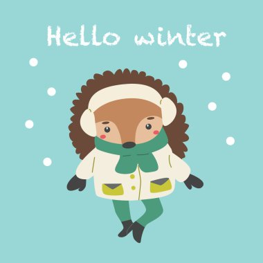 Kışlık giysiler içinde şirin bir bebek hayvan. Kirpi. Mavi arkaplanda vektör çizimi. Kış tatili kartları için kullanılabilir. 
