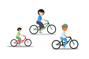 Aile bisikleti dışarıda gezintiye çıkar. Annem güneşlenir, büyükannem de. Vektör illüstrasyonu izole edildi. Bisikletli basit insanlar.. 