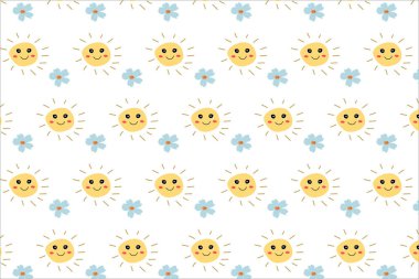 Güneş ve çiçek gülümseyen sevimli bebek deseni. Beyaz arkaplanda vektör illüstrasyonu. 