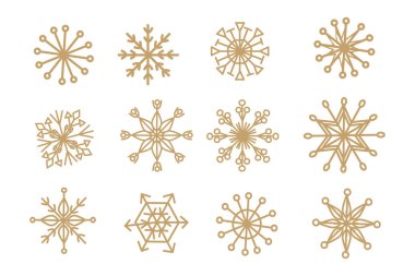 Beyaz arka planda altın kar taneleri. Vektör illüstrasyonu izole edildi. Dekoratif tasarım elementleri - altın rengi pullar. Noel ambalaj kağıtları, pankartlar ve davetiyeler için kullanılabilir. 