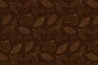 Fasulye ve yapraklı kakao deseni. Kahverengi arka planda vektör çizimi. Paket kağıdı, boğma kutusu, duvar kâğıtları ve mutfak tekstili için kullanılabilir. 