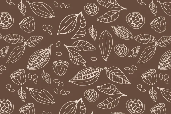 Kahverengi arka planda kakao çekirdeği organik arka plan ana hatları. El çizimi tarzında vektör illüstrasyonu. Kağıt ve duvar kağıtları için kullanılabilir. 