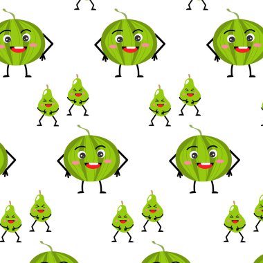 Yeşil karpuz ve armut meyveli şirin çocuk deseni - çizgi film karakterleri. Menü, kumaş tekstil, posterler, duvar kağıtları, afişler, mutfak arka planları için kullanılabilir vektör illüstrasyonu. 