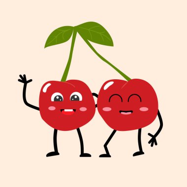 Şirin vişne çizgi film karakterleri - vektör maskotu. Tebrik kartı, etiket, davetiye ve posterler için kullanılabilir el çizimi biçimindeki vektör illüstrasyonu. Duyguları olan süper sevimli karakterler.. 