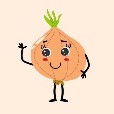 Bekar ayakta duran şirin soğan merhaba de. Çocuk kartları, posterler, maskot vektör ikonu, kartpostallar için kullanılabilir vektör illüstrasyonu. Duygulu mutlu soğan karakteri. 