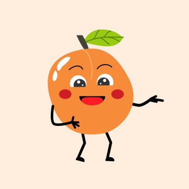 Komik suratlı tatlı meyve kayısı karakteri. Pastel arka planda vektör çizimi. Şirin bir gülümseme ve parmak işareti. Şirin maskot tasarımı, çocuk posteri, menü kartları, etiketler için kullanılabilir.. 