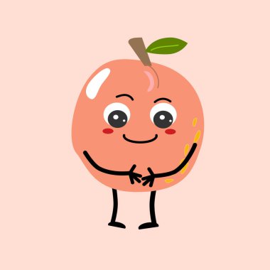 Komik suratlı sevimli utangaç şeftali - çizgi film karakteri. Pembe arka planda vektör çizimi. Maskot tasarımı, çıkartmalar, posterler, duvar kağıtları, çocuk kartları, kapaklar, kumaş tasarımı için kullanılabilir. Tekstil baskısı. 