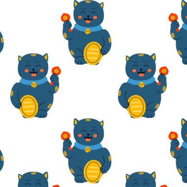 Geleneksel Japon kedi deseni, çizgi film maneki. Beyaz arka planda vektör çizimi, şans sembollü kedi yavrusuna hoş geldin. Tekstil, ambalaj, kumaş, poster, doğu doğu tasarımı için kullanılabilir. 