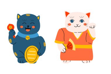 Kimono seti içindeki şirin Asyalı kedi yavrusu Maneki Neko. Tebrik kartı, maskot, posterler, kumaş tasarımı, tekstil, afiş için kullanılabilir vektör illüstrasyonu. Çizgi film kedisi Japon.. 