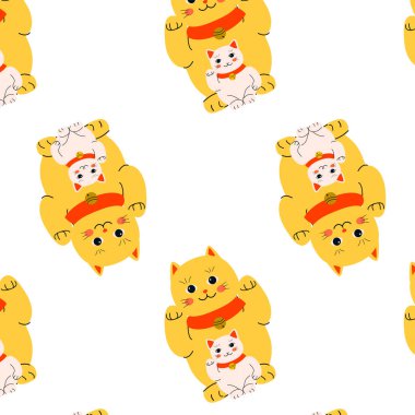 Sevimli Asyalı kedi sarı maneki - kusursuz desenli. Duvar kağıdı, kart, pankart, davetiye ve menü için vektör illüstrasyonu kullanılabilir. Maneki kedi ve kedi yavrusu. Şansın sembolü.. 