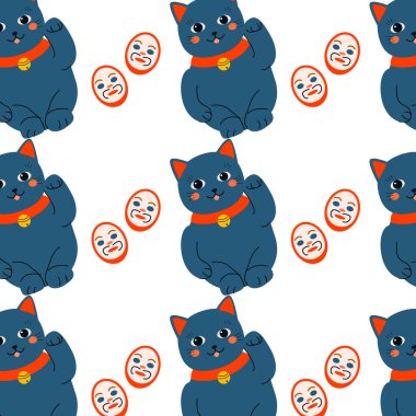 Maskeli sevimli siyah kedi maneki neko - sembol şansı. Tekstil, kumaş tasarımı, duvar kağıtları, baskılar, kapaklar için kullanılabilir vektör illüstrasyonu. Kusursuz bir geçmiş için iyi şanslar.. 