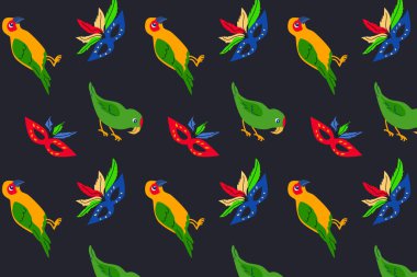 Papağan ve maskeli kusursuz desen. Vektör illüstrasyonu izole edildi. Karnaval arka planı, afiş, tekstil, poster, kumaş için kullanılabilir. Parlak renkler tropikal kuşlar ve maskeler