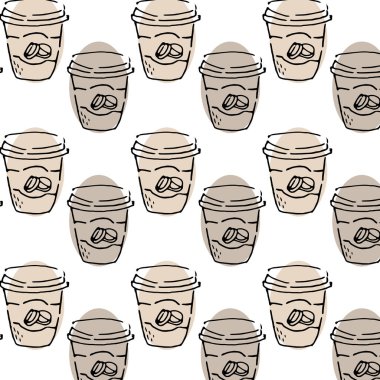 Kahve fincanı karalaması kusursuz arka plan - çizim. Paketleme, menü arka planı, kumaş, tekstil, poster için vektör illüstrasyon cand. Fasulyeli kahve fincanı ile kusursuz desen. 