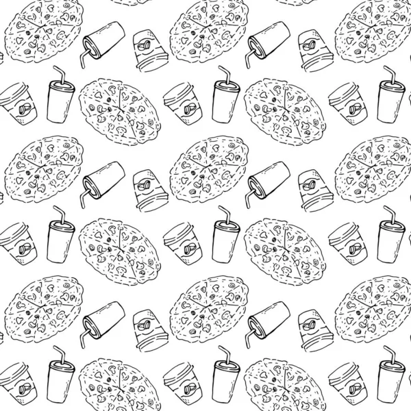fast food pizza - seamless pattern in doodle style . Vector illustration with pizza, drink with stripes, coffee tasty. Pattern can used for wrap, scrap, fabric textile.