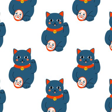 Maskeli sevimli siyah kedi maneki neko - teathre geçmişi sembolü şans deseni. Tekstil, kumaş tasarımı, duvar kağıtları, baskı, kapaklar için kullanılabilir vektör illüstrasyonu. Kusursuz bir geçmiş için iyi şanslar.. 