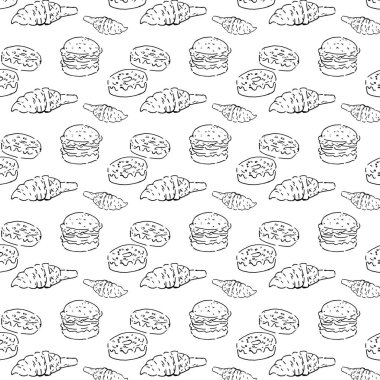 Fast food hamburgeri ve kusursuz bir geçmişi var. Vektör illüstrasyon taslağı. Mutfak tekstil ürünleri, duvar kağıtları, menü arkaplanları, yazdırma ve web tasarımı için kullanılabilir. 
