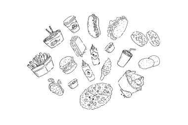 Çizgili hamburger ve pizza seti, fast food. Çizim stili vektör çizimi, el çizimi çizimi. İlan, afiş, tebrik kartı, menü arkaplanı için kullanılabilir. 