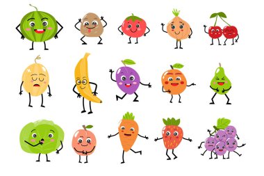 Çizgi film sebzesi ve meyveli tatlı karakter yüzleri. Farklı duyguları olan vektör illüstrasyonu. Çocuk menüsü için kullanılabilir arkaplan, kartpostal, kart, duvar kağıdı. 