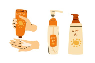 El kremi sürerek izole edilmiş güneş kremi. Vektör illüstrasyonu kozmetik güzellik arka planı için kullanılabilir. Losyon ve sprey düz stil. 