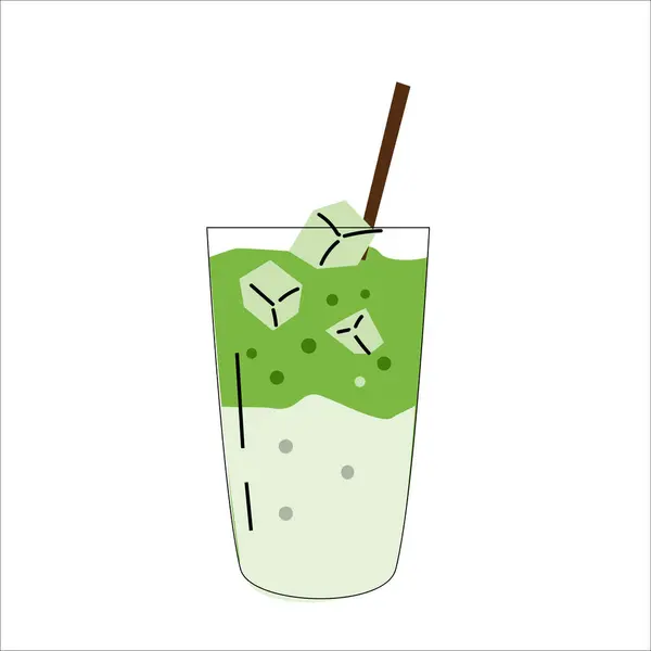 Köpüklü sütlü çay ya da buzlu buzlu füme, matcha latte. Vektör illüstrasyonu izole edildi. Menü arkaplanı, stiker, web simgesi için kullanılabilir. Mutfak ve kafe tasarımı için uygun.. 