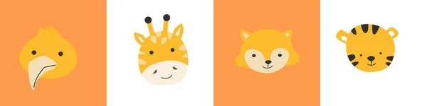 tropical and forest cute simple animal faces backgrounds. Vector illustration with simple scandinavian portraits of baby animals - bird kiwi, giraffe, fox, tiger. Can use for nursery design.