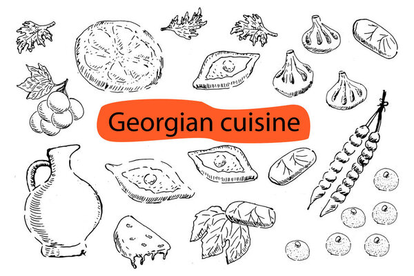 Set of georgian food elements in doodle outline. Vector illustration can use for georgia menu background, wallpaper, banner and flyer. Outline set of georgia cuisine food in hand drawn sketch style. 
