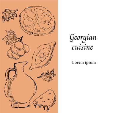 Gürcistan mutfağının arka planı menü şablonu, afiş ve broşür için kullanılabilir. Elle çizilmiş taslak biçiminde vektör illüstrasyonu. Kafe ve restoran için uygun vintage arkaplan. 