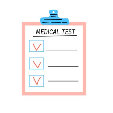Tıbbi kontrol listesi karikatür ikonu çizimi. Basit düz bir şekilde izole edilmiş vektör illüstrasyonu. Çocuk eğitim kartı, etiket, afiş için kullanılabilir. Tıbbi test yapılacaklar listesi, şirin çizgi film kontrol listesi. 