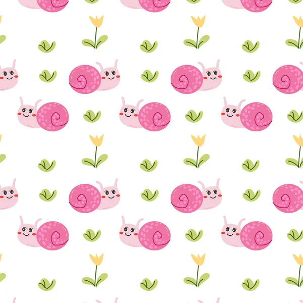Seamless pattern with cute animals insects - snail. Cartoon cute character with flowers and grass. Childish background. Can use for wrapping paper, poster, nursery design, childish textile.