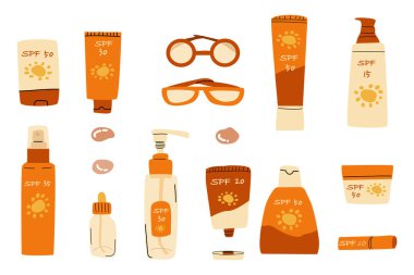 Güneş koruması için büyük bir kozmetik seti ve gözlük. - Evet. Turuncu renklerde düz biçimdeki vektör illüstrasyonu. 