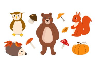Sevimli çizgi film hayvanları. Ayı, baykuş, sincap ve kirpi seti. Etiketler, duvar kağıtları, etiketler, sonbahar maskotları için vektör illüstrasyonu kullanılabilir. Sonbaharda balkabağıyla orman çizgi filmlerindeki hayvanlar.