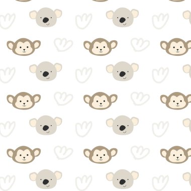 Şirin koala ve maymun çocuk odası parmak izi tasarımı. Vektör illüstrasyonu poster, tekstil, bebek kıyafetleri, duvar kağıtları için kullanılabilir. 
