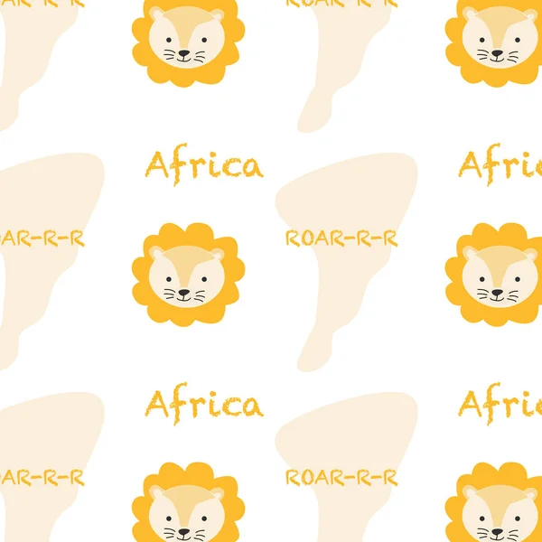 cute african animal lion baby background with lettering. Vector illustration isolated. Baby animal head lion and Africa continent.