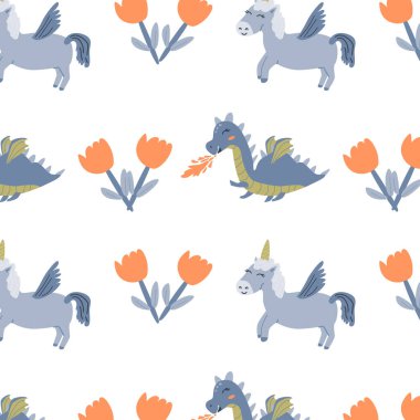 Şirin peri karakterleri ejderha ve tek boynuzlu at. Çiçeksiz desenli izole edilmiş. Kutlama kartı, çocukça kutlama kartı, duvar kağıtları için vektör illüstrasyonu kullanılabilir. 