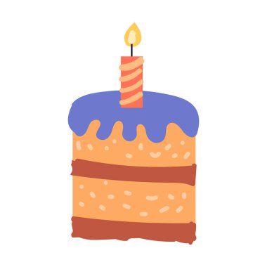 Kremalı ve mumlu el çizimi şeftalili kek. Vektör illüstrasyonu izole edildi. Poster, tebrik kartı, etiket için kullanılabilir. 