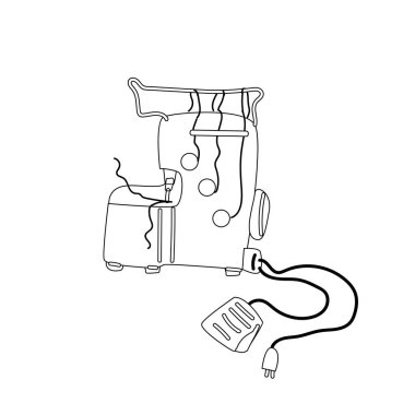 Dikiş makinesi ikonu. Beyaz arkaplanda vektör illüstrasyonu. Elle çizilmiş mavi dikiş ekipmanları. İğne işi konsepti. 