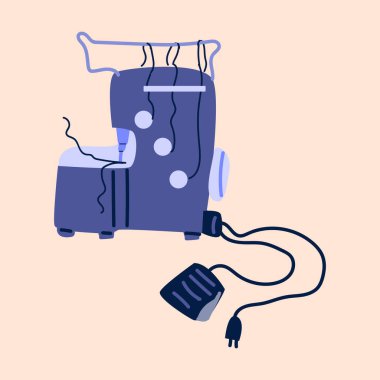 Dikiş makinesi ikonu. Şeftali rengi arkaplanda vektör illüstrasyonu. Elle çizilmiş mavi dikiş ekipmanları. İğne işi konsepti. 