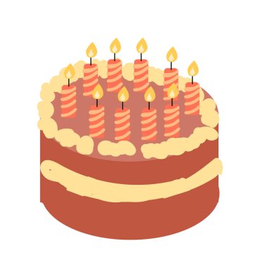 Kremalı ve mumlu el çizimi pasta. Vektör çizimi izole edildi. 