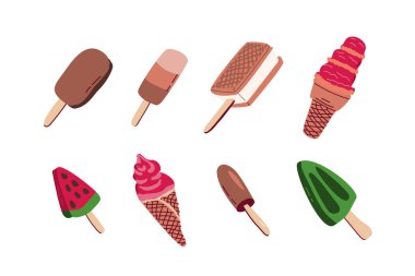 Çizgi film tarzında izole edilmiş 8 tane dondurma ikonu. Waffle çikolatalı dondurmanın vektör çizimi, dondurma çubukların üzerinde farklı lezzetlerde dondurma.. 