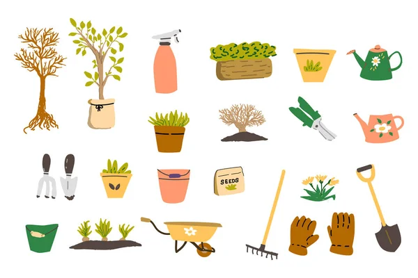 stock vector big set of spring gardening tools and tree, plant in box, pot. Vector illustration isolated. Gardening buckets, pots, wheelbarrow, seedling. 