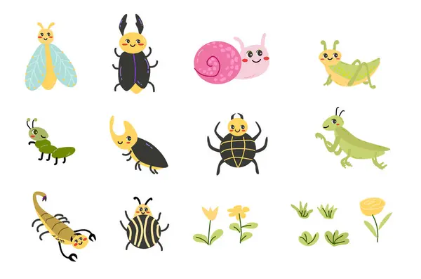 set of spring cute animal insect with flower and grass. Vector illustration isolated. Spider, fly, grasshoper, beetle, black bug, scorpio, snail, ant.