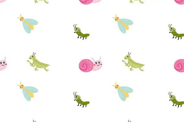 Seamless pattern with cute animals insects of spring. Grasshoper, snail, ant, fly. Minimalistic design.